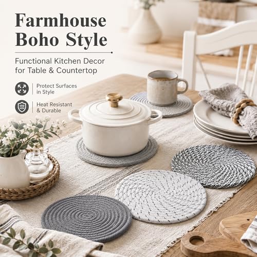 8 Inch Woven Trivets for Hot Dishes, 5 Pack Large Heat Resistant Cotton Hot Pads for Pots, Pans, Coffee Pot, Teapot, Plates & Planters, Farmhouse Boho Kitchen Decor for Table and Countertop