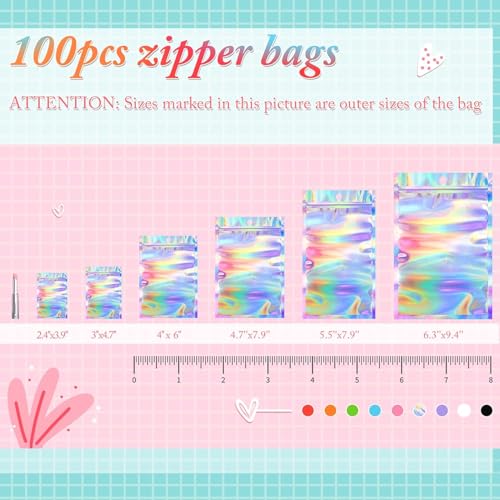 Funfery 100pcs Mylar Holographic Bags-Resealable Zipper&Clear Window - color: Holographic, size: 4.7 x 7.9 Inch