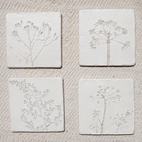 Ceramic Coasters Set of 4, White Vintage Engraved Flower Design