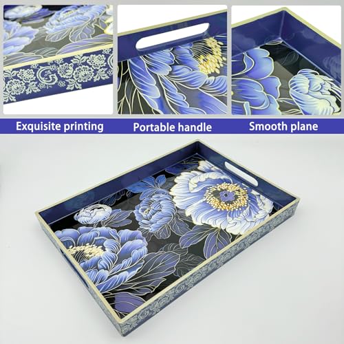 Serving Tray with Handles, 15.7 * 11.8 inches, Plastic Ottoman Tray with Exquisite Paintings, Trays for Coffee Table - color: Blue Peony