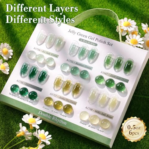 Double Rhythm 6 Pcs 15 ML Gel Polish Set Same Color Same Bottle Soak Off Gel Polish Kit Nail Art Manicure Salon DIY at Home for Women (Jelly Milky Light Green Olive Teal-T6-81) - color: Jelly Olive