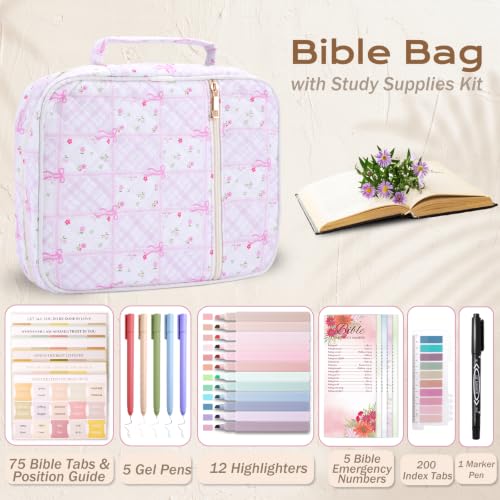 XKDOUS Bible Cover for Women Bible Bag Kit Church Book Holder Carrying Case - color: Pink Patchwork