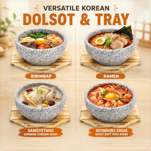 Dolsot Bibimbap Bowl with Wood Tray, 27 Oz Granite Stone Bowls - size: Medium