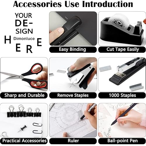 Dimonluce Office Desk Accessories, Black Office Supplies Accessories with Tape Dispenser, Stapler, Staple Remover, 1000 Staples, Tape, Clips Set, Ruler, Scissor, Pen - color: Black