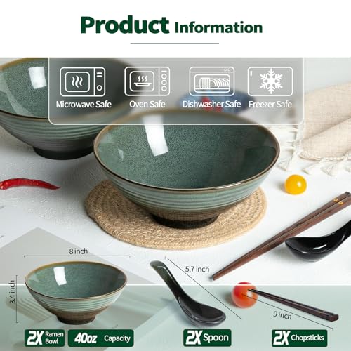 40 oz Ceramic Ramen Bowl Set of 2, Ramen Noodle Bowl with Spoons and Chopsticks 8 Inch Japanese Retro Style Large Soup, Pho, Udon Bowls, Microwave & Dishwasher Safe, Green - color: Green