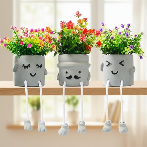 3Pack Fake Plants in Cute Pots, Indoor Faux Plants Decorations Lifelike with 60 Artificial Flowers for Office Bathroom Bedroom Living Room Kitchen Home Farmhouse Shelf Decor C - color: 3pcs Plant C