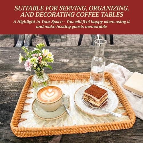 Rattan Tray Rectangle with Mother of Pearl – Unique Decorative Rattan Serving Tray for Food, Bread, Fruits, Snacks & Organizing Bathroom, Coffee Table – Christmas & Housewarming Gift (White 13.3"x9.4) - color: White 13.3"