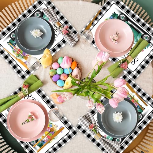 Happy Spring Placemats Set of 6 Black White Plastic Table Mat 17×13×0.04in - style: Flowers Trucks