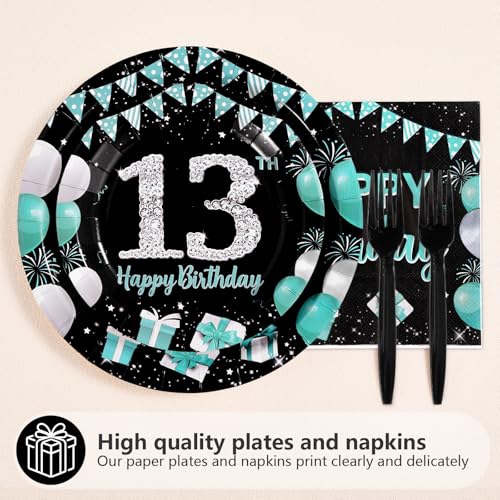 96Pcs Teal Black 13th Birthday Party Decorations, Serves 24 - style: Peacock Blue Black 13th Birthday