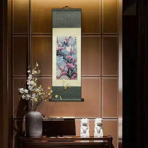 AtfArt Silk Scroll Painting, Asian Wall Art, Red Plum, 36.2x12in - color: C1