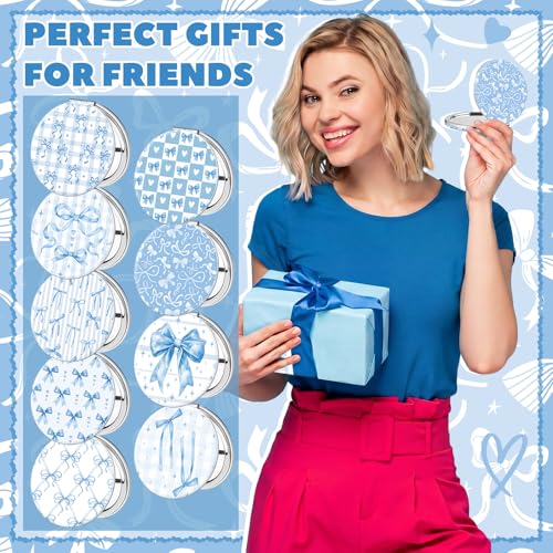 Weysat 9 Pcs Blue Bow Compact Mirrors Double Sided 1x/2x Portable - color: Blue, size: Bow