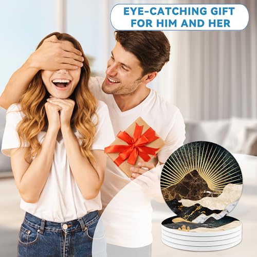 Drinks Coasters Set of 4, Golden Mountain Moon Round 4" Cup Coasters, Absorbent Ceramic Stone Coasters with Cork Base, Cute Coasters for Table Home Décor, Ideal Gifts for Women Men - color: Golden Mountain Moon