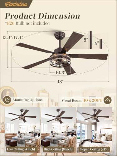 Fanbulous 48" Farmhouse Ceiling Fans with Light & Remote, 6-Speed Caged - color: Oil Bronze, size: 48 Inch