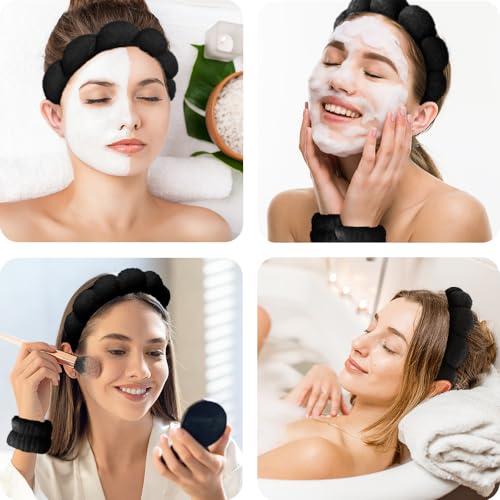 Spa Headbands for Washing Face Wristband Set Sponge Makeup Skincare Headband Wrist Towels Bubble Soft Terry Towel Cloth Hairband for Women Puffy Headwear Non Slip Thick Thin Hair Headwear (Black) - color: Black