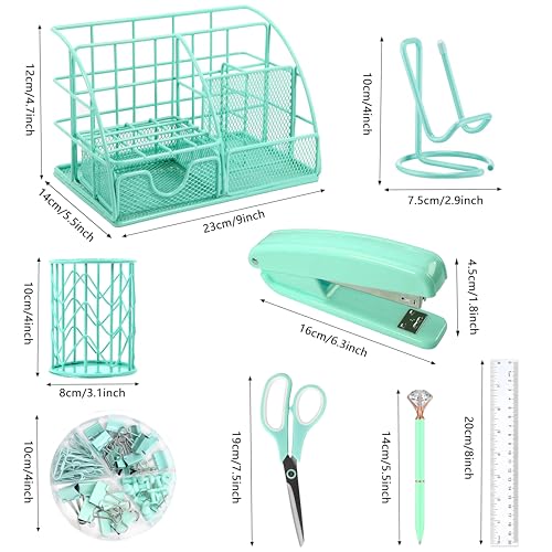 KAAKOW Green Desk Organizers and Accessories Office Supplies Set Stapler, Pen Holder, Phone Holder, Scissors, Pen, Ruler, 30 Paper Clips, 22 Binder Clip, 20 Tacks and 1000pcs Staples - color: Green
