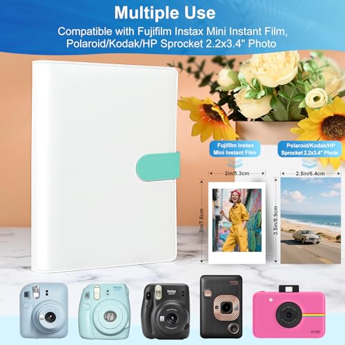 PU Leather Refillable Photo Album A5 Photocard Binder, 200 Pockets, Compatible with Fujifilm Instax Mini 12 11 9 40 99 90 8 7 Evo LiPlay, Polaroid Snap PIC-300 Z2300 Instant Cameras (Green) - color: White-Green