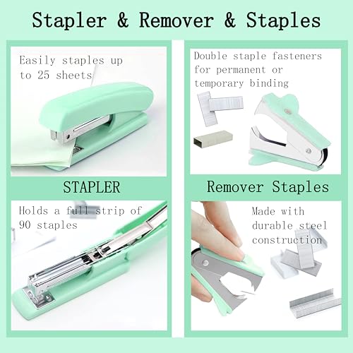 Dimonluce Green Office Supplies, Teal Desk Accessories Accessories with Tape Dispenser, Stapler, Staple Remover, 1000 Staples, Tape, Clips Set, Ruler, Scissor, Pen - color: Green