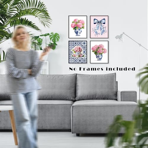 LUKIPOM Pink Chinoiserie Hydrangea Wall Art Poster, Coquette Blue Bow Grandmillennial Floral Wall Decor Gifts for Women Teen Girls Home Bedroom Living Room，8x12inin Set of 4 Unframed - color: Color 010