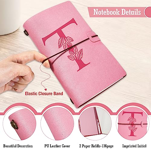 Personalized Journal Gift-Pink Initial Leather Journal+Heart Diamond Pen Set,Travel Notebook Diary Gifts,Refillable Notepads,Christmas,Birthday Gifts for Women Girls (7.9"x4.7") (T) - style: T