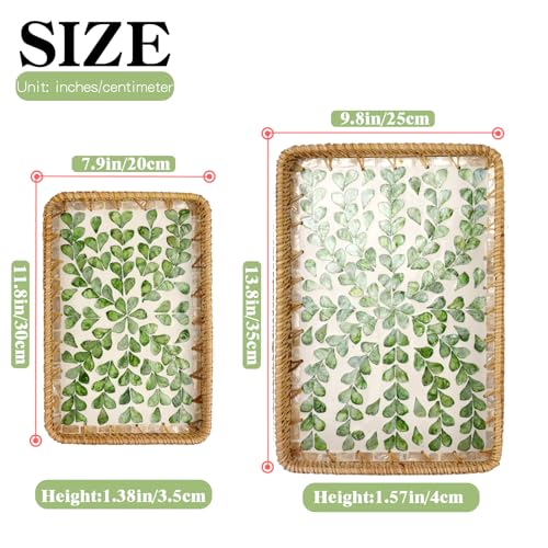 2 Pcs Rectangle Handwoven Rattan Mother of Pearl Inlay Wicker Serving Tray - color: Leaf Spring