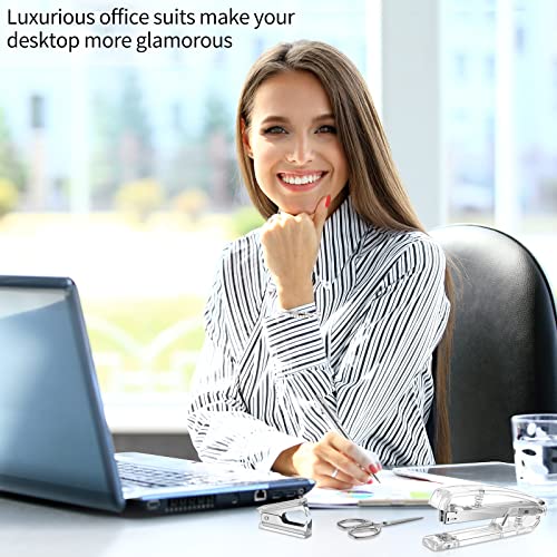 Office Supplies Set Desk Accessory Kit, Acrylic Stapler Set Staple Remover, Tape Dispenser, Binder Clips, Paper Clips, Ballpoint Pen and Scissor with 1000 Pieces 26/6 Staples (Silver) - color: Silver