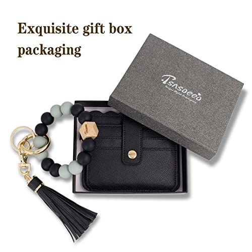 Keychain Wallet Wristlet Small Credit Card Holder Bracelet Key Chain Purse Bangle Tassel Beads Key Rings for Women - color: 03-rfid Black