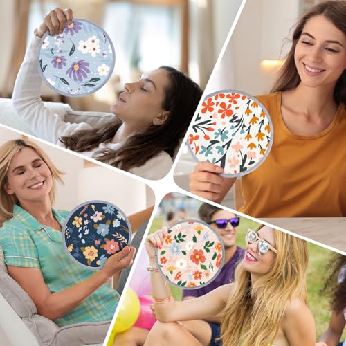 Suzile 12 Pieces Colorful Floral Round Fans Handheld Compact Cooling Fan Disc Portable Hand Folding for Outdoor Games Wedding Party Decorations Summer Outdoor Activity, 6 Patterns(Flower)