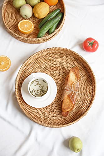 HITOMEN 14.2" Hand-Woven Round Rattan Serving Tray Decorative Ottoman Wicker Platter with Handles for Coffee Table, Breakfast, Drinks, Snack, Bread, Fruit, Vegetables (Natural-L) - color: Natural, size: Large (14.2 inches)