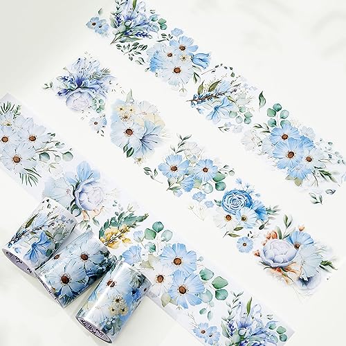 WT Serene Wide PET Tape, Single Roll, Original Designs, Watercolor Blue Flower Decorative Tape, Transparent Clear Adhesive Tape, Journal Scrapbook Bujo Planner DIY Craft Supplies - color: WT Serene Wide PET Tape