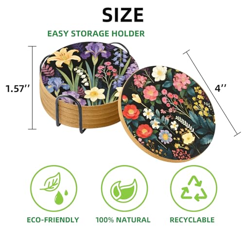 Flower Arrangement Coasters for Drinks with Holder Set of 6, Floral Absorbent Cork Coaster for Cup Desk Office Table Kitchen Decor House Warming Gifts for New Home Couples, Round 4" - color: Flower
