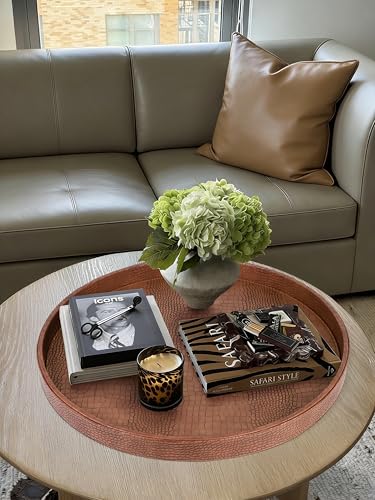 HofferRuffer Large Round Serving Tray 24'', Elegant Faux Leather Circle Ottoman Table Tray, Serve Tea Coffee Breakfast in Bedroom Living Room Kitchen (Antique Brown, 24'') - color: Antique Brown, size: 24"