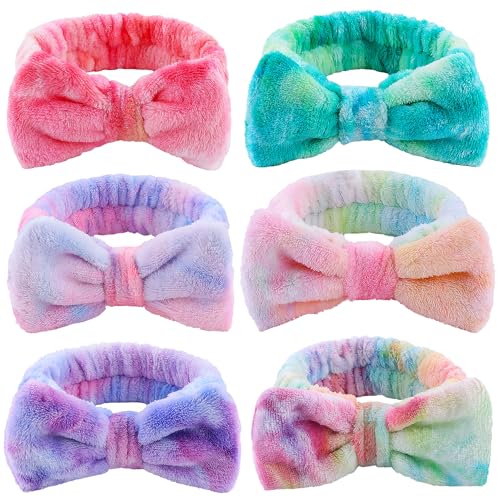 WSYUB Skincare Headband, 6pcs, Tie Dye Color, Soft Coral Fleece, Elastic, Washable, Reusable, For Women, Girls, Facial Makeup, Shower, Exercise, Party Gift - color: Gradient Purple,Pink, White,Green, Candy and Light Purple