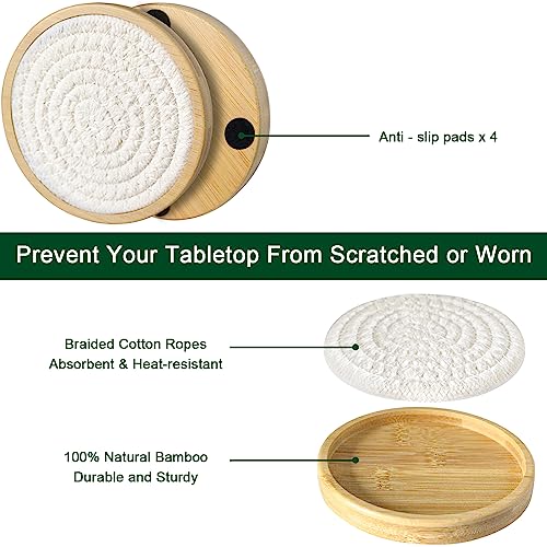 Wood Coasters for Drinks, Eykao Absorbent Coaster Sets of 5, Woven Drink Coasters for Coffee Table, Housewarming Gift for Farmhouse Home Decor,4 inches - color: White