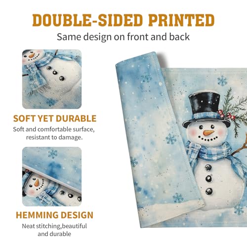 Blue Snowman Snowflake Winter Placemats Set of 4 Seasonal Christmas Linen Table Mats 12x18 Inch Xmas Holiday Snow Farmhouse Rustic Washable Place Mats for Party Kitchen Dining Outdoor Indoor Decor - color: Blue Snowman Placemats Set of 4 - a