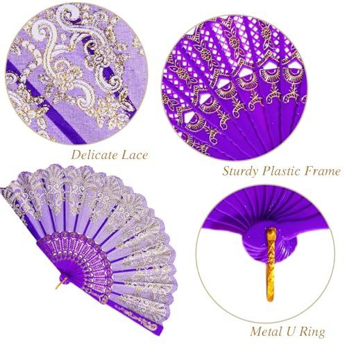 QIRMIZI 10 Pack Folding Handheld Fans,Silk Spanish Fan, Perfect for Weddings, Parties, and Dancing,Purple - color: Purple, size: 10 PACK