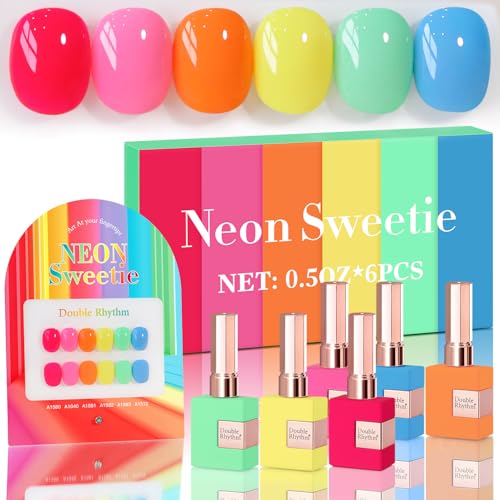 Double Rhythm 6 Pcs 15 ML Gel Polish Set Same Color Same Bottle Soak Off Gel Polish Kit Nail Art Manicure Salon DIY at Home for Women (Pastel Red Pink Orange Yellow Green-T6-11) - color: Neon Sweetie