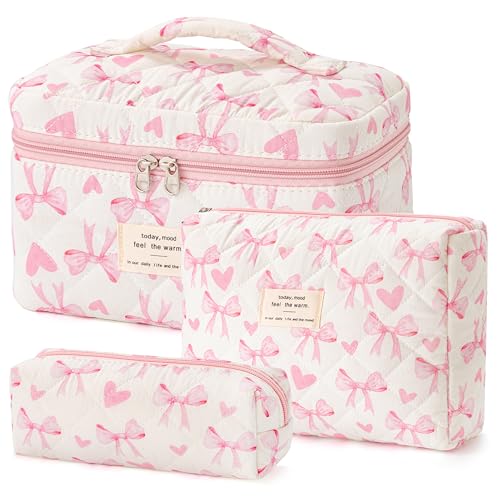 HBselect Quilted Makeup Bag, 3Pcs Cotton Large Travel Makeup Bags Organizer - color: A-3PCS-Floral 13
