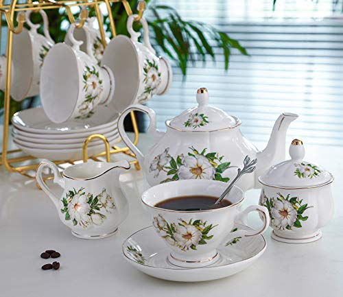 CHENP.HMC Porcelain Tea Cup Set 22-Piece Ceramic Coffee Tea Sets (Camellia) - color: White Green