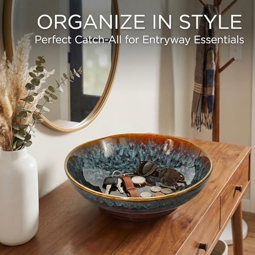 Ceramic Fruit Bowl,10.2" Decorative Bowl, Large Fruit Bowl for Kitchen Counter, Pedestal Bowl, Kitchen Counter Décor, Bread Candy Snacks Organizer(Magic Eye Blue) - color: Magic Eye Blue