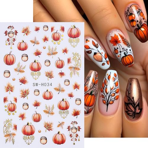 Fall Nail Art Stickers Autumn Leaf Pumpkin Nail Decals 3D Self-Adhesive Nail Art Supplies 6PCS Maple Leaves Pumpkin Nails Design Fall Stickers for Nails Women DIY Manicure Decorations Accessories - style: style7
