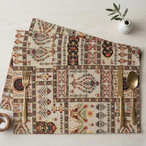 DaDa Bedding Elegant Floral Tapestry Placemats - Set of 4, Mughal-Inspired Woven Cotton Linen Dining Mats, Multi-Colored Vintage Garden Design - 13” x 19 - color: Light Botanical