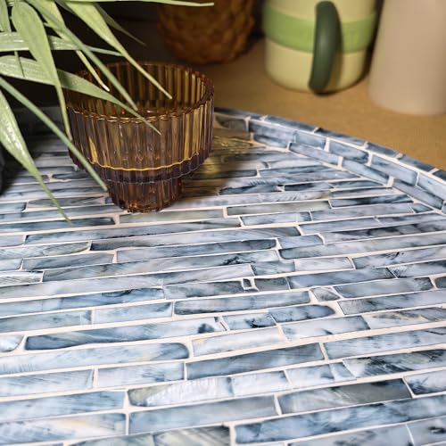 i-lan 17-inch Mother of Pearl Lazy Susan – Blue Brick Pattern Rotating Turntable with Smooth Spin, Large Decorative Tray for Dining Table, Kitchen Cabinet, Countertop & Holiday Gifting