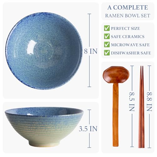 40oz Japanese Ceramic Ramen Bowl Set of 2 with Chopsticks and Spoons for Pho Udon Asian Soup Noodles (Sea Blue) - color: Sea Blue