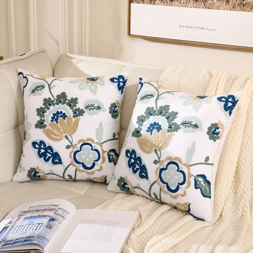 LUOYEHK Embroidered Decorative Throw Pillow Covers 18x18 Inch Pack of 2 Spring Farmhouse Floral Square Pillowcase Canvas Cushion Cover for Couch Sofa Bed Living Room（Blue Dragon Flower） - color: Blue Dragon Flower