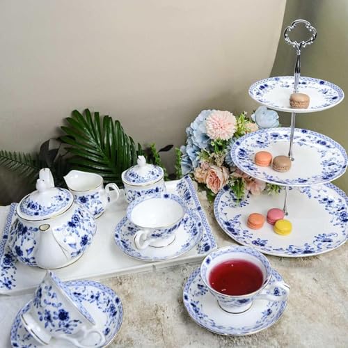 Bone China Tea Set for Adults, 13-Piece Blue and White Porcelain Tea Set for 4, Vintage Floral Tea Set With Teapot and Teaspoons, Tea Party Sets for Women Gift (Blue A) - color: Blue A