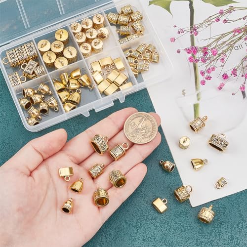 PH PandaHall 78 pcs 8 Styles Leather Cord End Cap Alloy Tibetan Style Metal Bead Tube Barrel Loop Clasp for Earring Bracelet Jewelry DIY Craft Making Antique Golden, for 2~12mm Cord - color: Antique Golden-78pcs