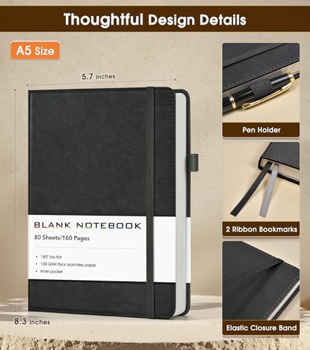 Journal Notebook, A5 Leather Hardcover Blank Sketchbook, 160 Pages, 180° Lay-Flat Binding, 100 GSM Thick Paper, for Sketching, Drawing, Art Journaling & Creative Writing (Black) - color: Black, size: Plain