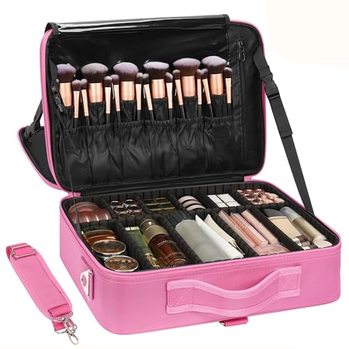 Relavel Makeup Case Large Makeup Bag Professional Train Case Travel Cosmetic Organizer Brush Holder Waterproof Makeup Artist Storage Box, 3 Layer Large Capacity, with Adjustable Strap, Rose Pink - color: Rose Pink, size: Large