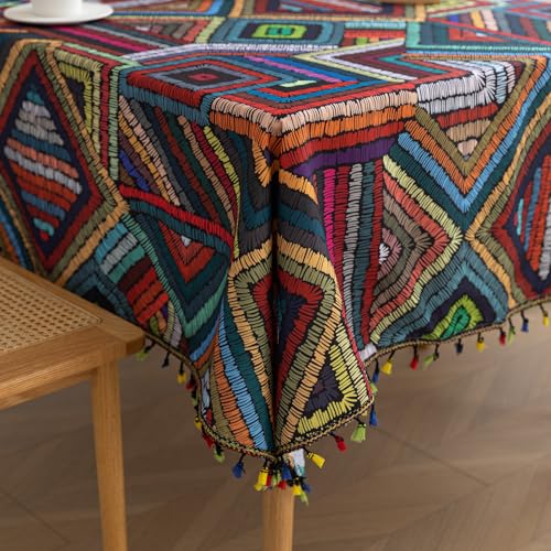 Handblock Print Tablecloth for Square Tables, Geometric Stitch Table Cover with Fringed Edges, Decorative Tablecloth for Kitchen and Dining Room,59"x 86" - color: Geometric Stitch, size: 86" x 59" (Rectangular)