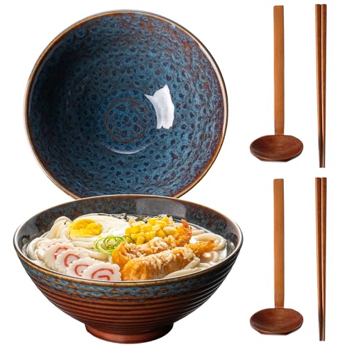 8 Inch 40oz Large Japanese Ramen Bowl Set of 2,Material Safety Ceramic Ramen Bowls with Matching Chopsticks and Spoons, Pho Bowls Ramen Noodle Bowl for Asian Udon Soup Salad Cereal(Peacock Tail) - color: Peacock Tail